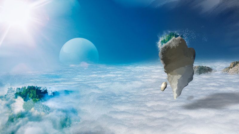 Surreal and futuristic landscape with sun and moon and floating island