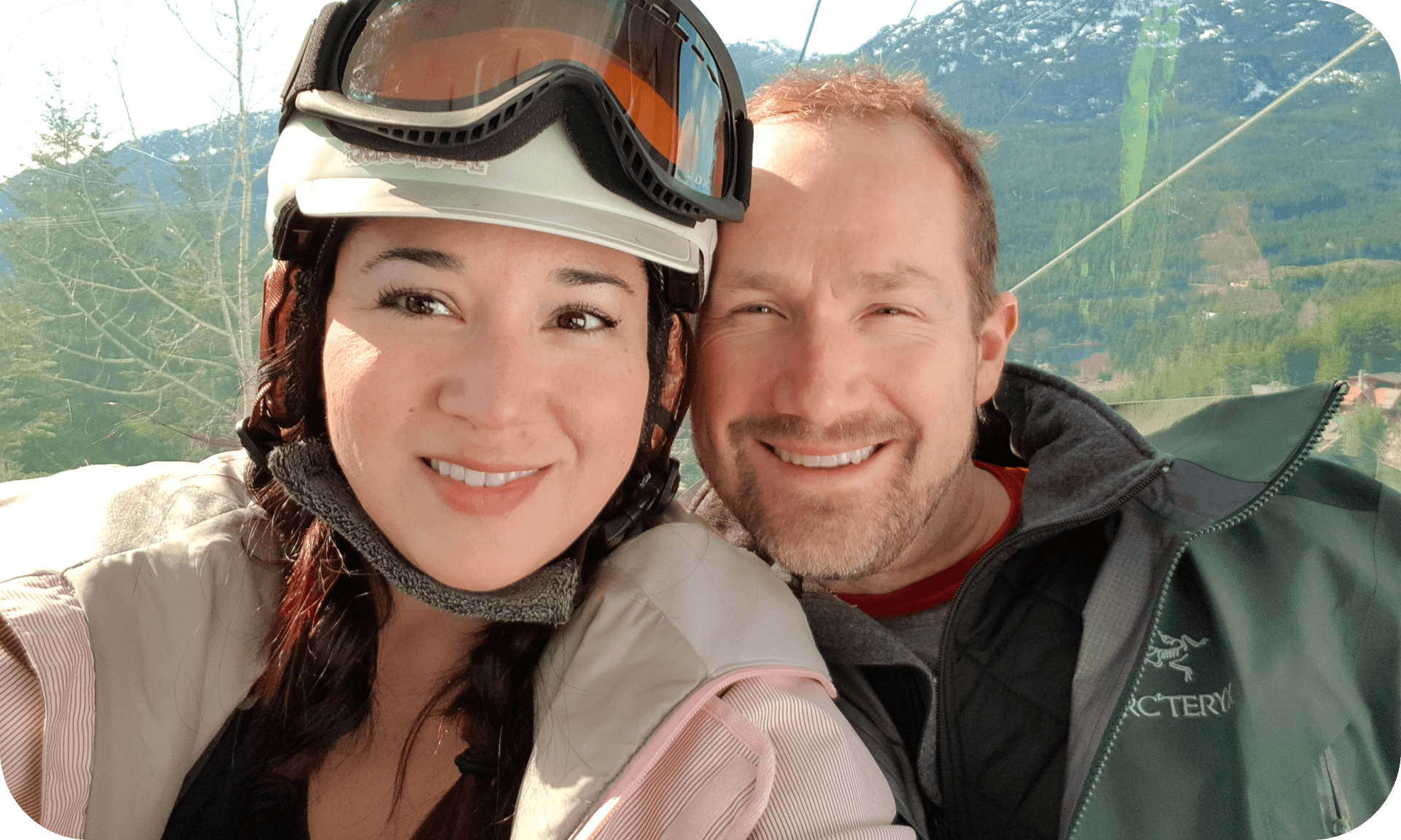 Picture of the Telfer's in the gondola on a fun family ski day.